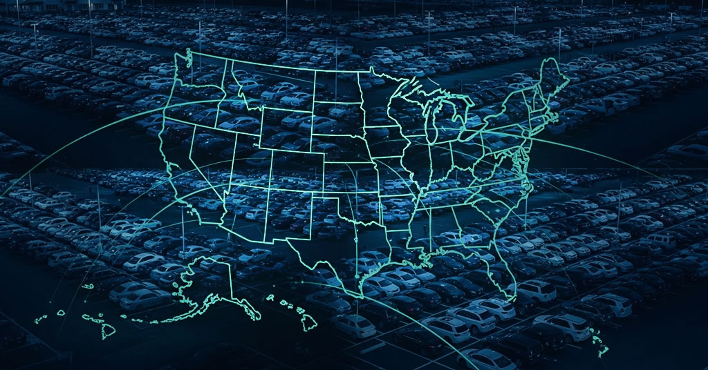 Multiple U.S. car dealership lots connected by data signals overlaid on a map of the United States, representing OAV™ national vehicle inventory analysis