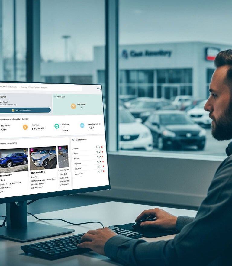 Car dealer using a software dashboard to analyze vehicle inventory, pricing, and market trends